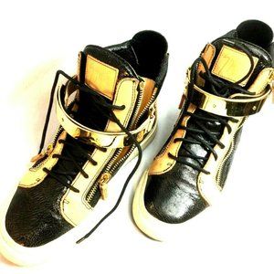 Zanotti EU42 US7.5 Gold Tan Black Leather Sneakers